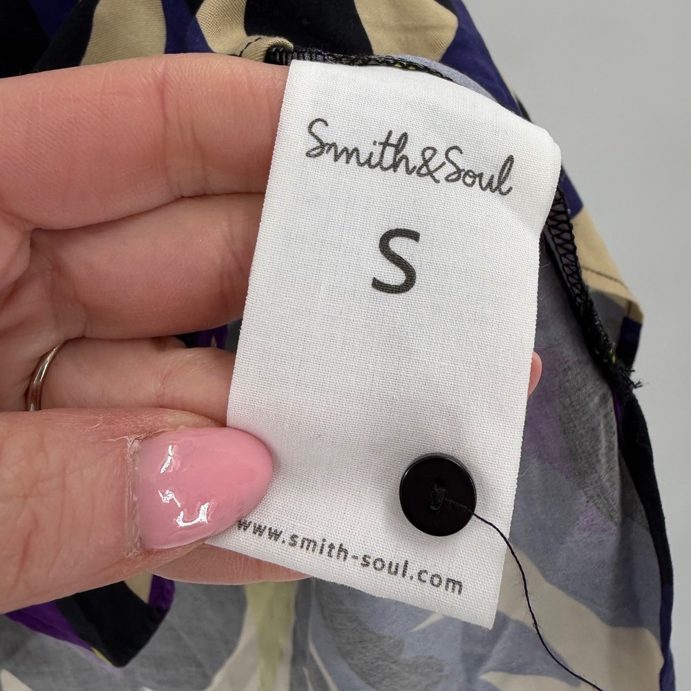 Smith & Soul Blouse Women Small Purple Yellow Abstract Botanical Art to Wear - Picture 5 of 12